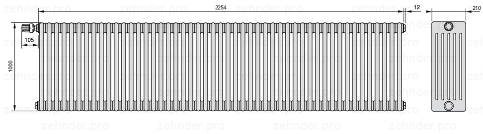 Схема (чертеж) Радиатор Zehnder Charleston 6100/49 №V012 Белый глянцевый RAL 9016